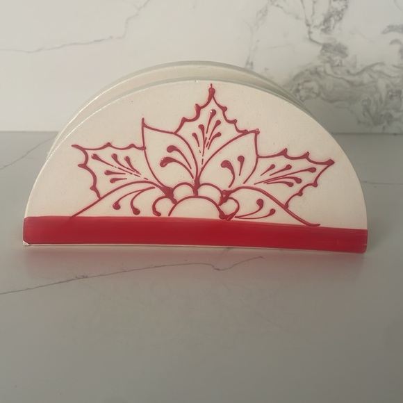 Hand painted ceramic napkin holder, white with red accents - Picture 3 of 5